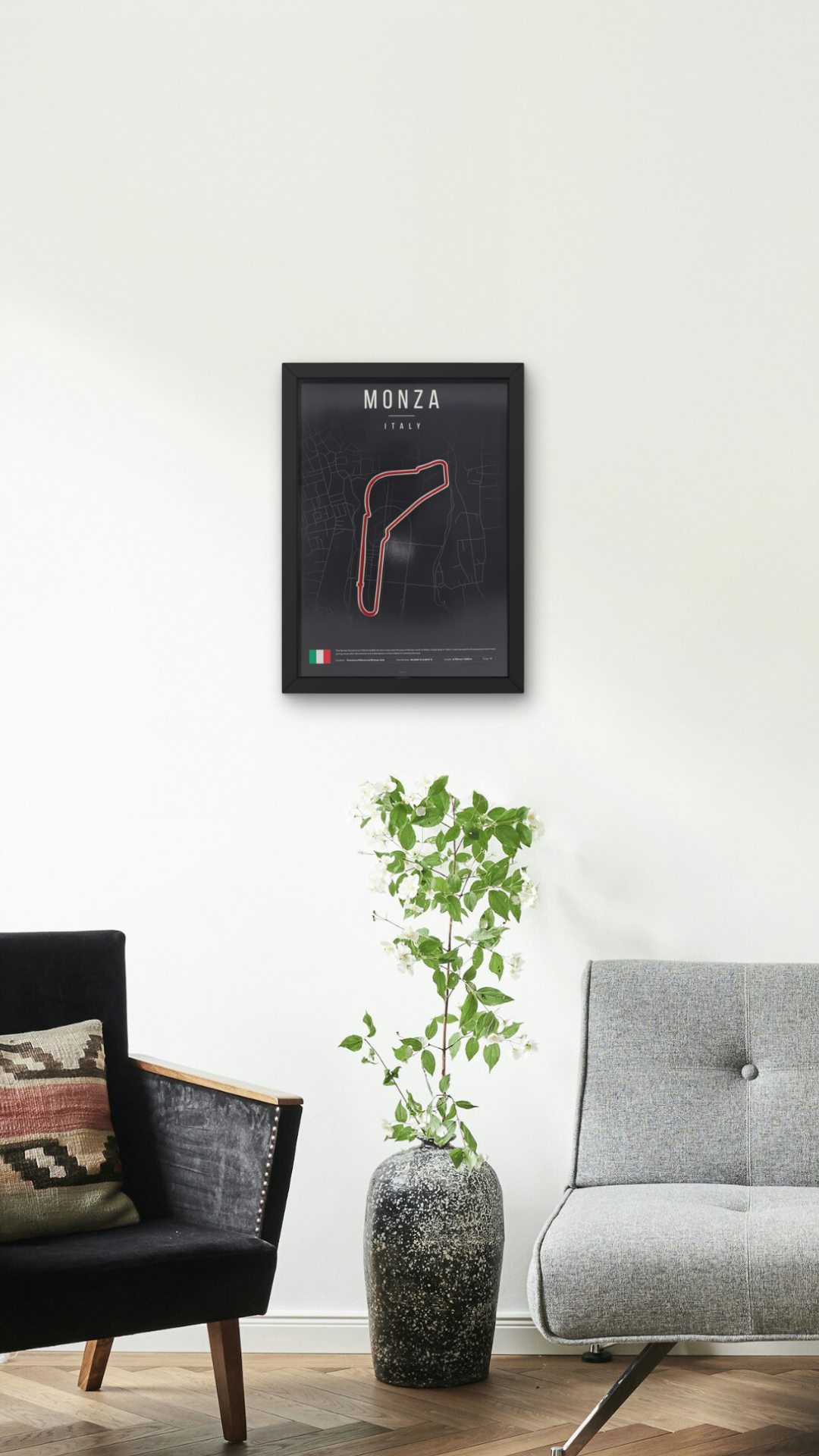 F1 Framed poster on a wall in a living room setting
